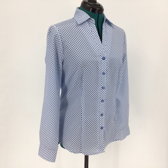 Haggar V-Neck Blue & White Button-Up Blouse, Small - Picture 8 of 14